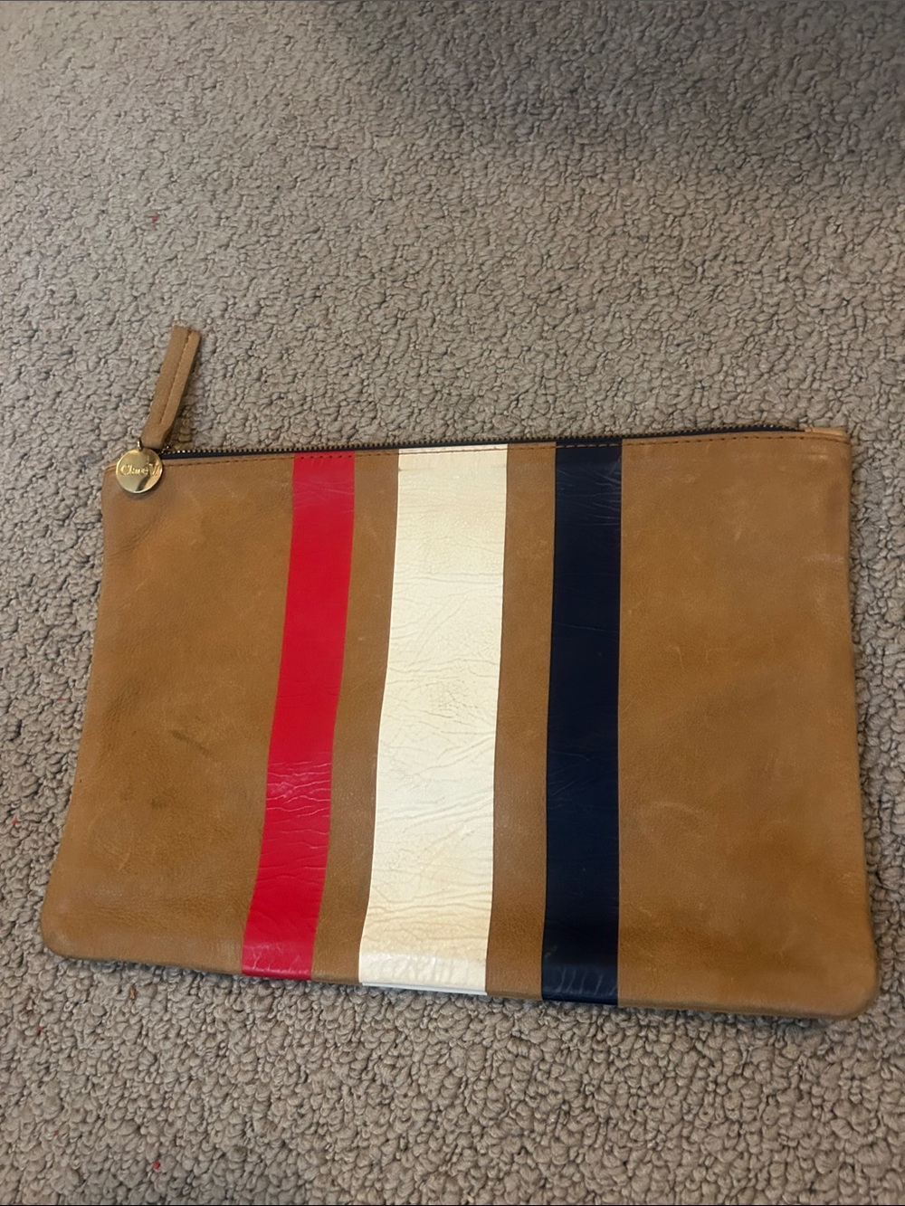 Striped Leather Zip Clutch in Tan with Red, Cream & Navy